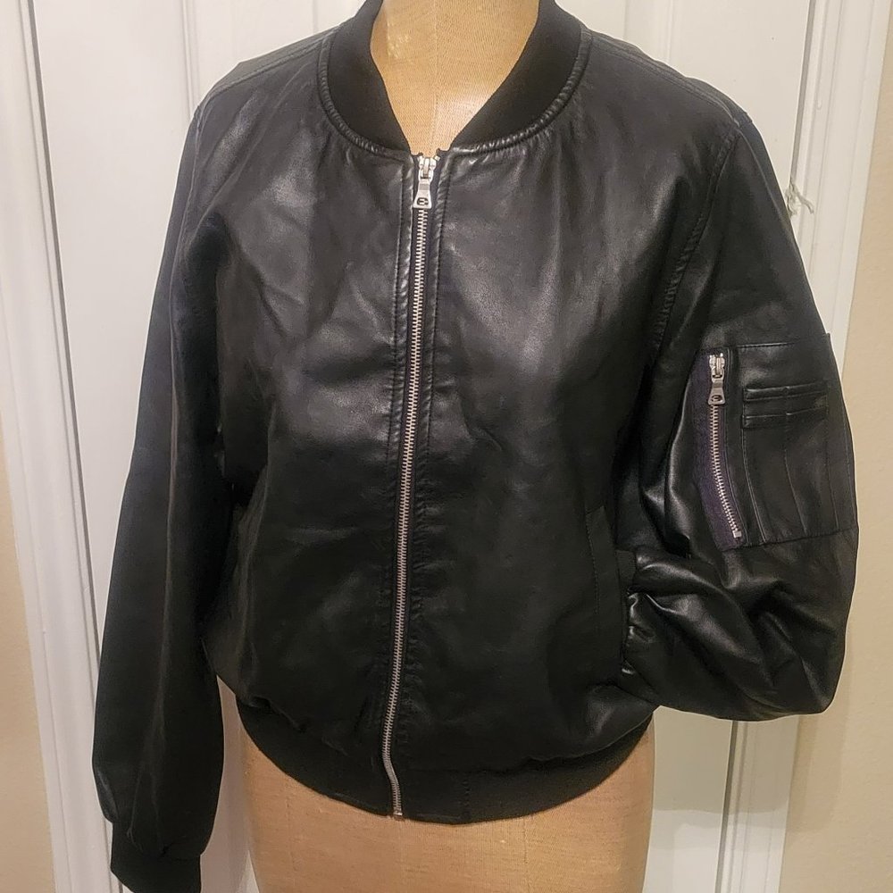 Cuffed Faux Leather Bomber Jacket